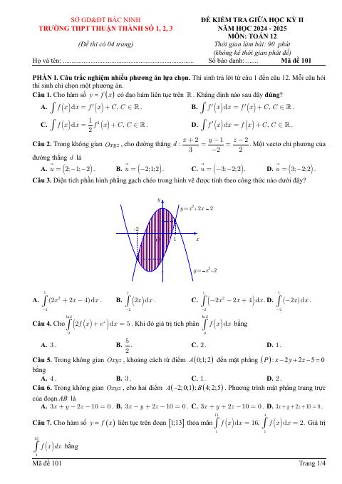 Đề thi Giữa kì 2 Toán 12 năm 2024–2025 trường THPT Thuận Thành 1-2-3 (Bắc Ninh)